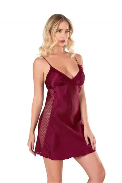 Bordo Kısa Saten Gecelik 8105 - Resim 3