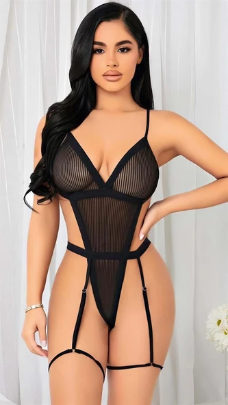 Siyah İp Detaylı Tül Body ürün görseli 1