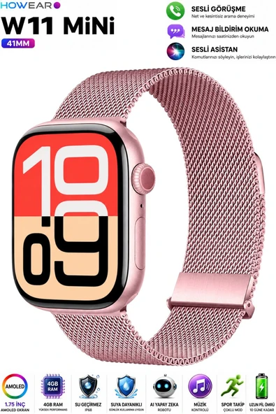 Watch W- 11 Mini 41mm Akıllı Saat Android iPhone Uyumlu AMOLED Ekran Sesli Görüşme NFC Yapay Zeka ( Rose  ) ürün görseli 1