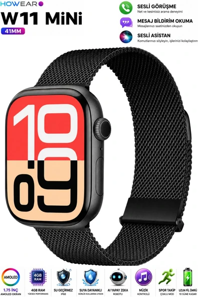 Watch W- 11 Mini 41mm Akıllı Saat Android iPhone Uyumlu AMOLED Ekran Sesli Görüşme NFC Yapay Zeka ( Siyah ) ürün görseli 1