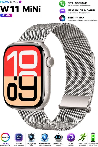 Watch W- 11 Mini 41mm Akıllı Saat Android iPhone Uyumlu AMOLED Ekran Sesli Görüşme NFC Yapay Zeka ( Gri ) ürün görseli 1