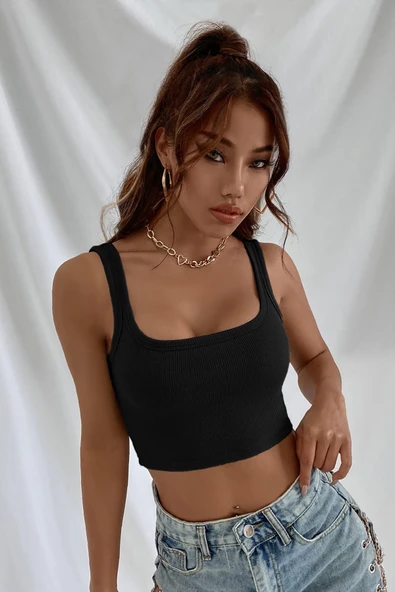 Kadın Siyah Kalın Askılı Crop Top Büstiyer ürün görseli 1