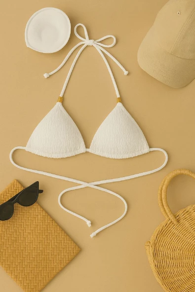 Kadın Beyaz Pedli Üçgen Bikini Üstü Halter Bağlamalı Aksesuarlı ürün görseli 1