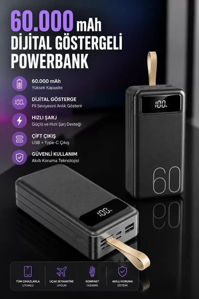 Powerbank 60.000 Mah Hızlı Şarj 4 Çıkışlı Uzun Şarj Süreli Dijital Göstergeli ürün görseli 1