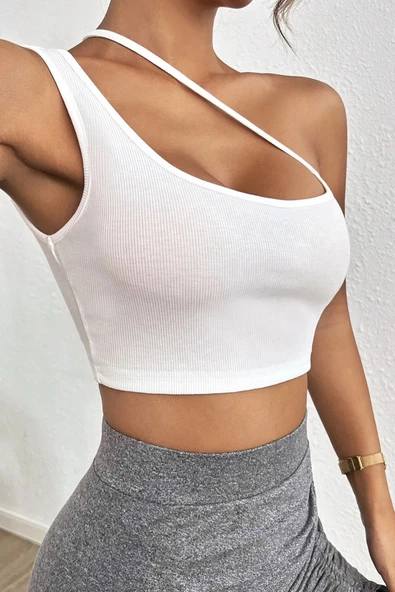 Kadın Beyaz Tek Omuzlu Çapraz Askılı Crop Top Büstiyer ürün görseli 1