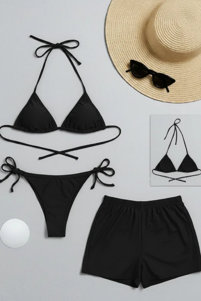 Kadın 3'lü Set Siyah Şortlu ve Yandan Bağlamalı Bikini Mayo Takımı ürün görseli 1