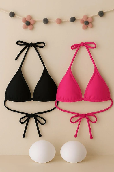 Kadın Siyah ve Fuşya Minimal Kesim Üçgen Bikini Üstü ürün görseli 1