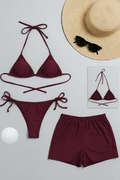 Kadın 3'lü Set Bordo Şortlu ve Yandan Bağlamalı Bikini Mayo Takımı ürün görseli 1