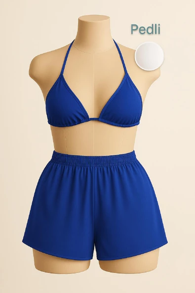 Kadın Mavi Şortlu Belden ve Boyundan Bağlamalı Bikini Takımı ürün görseli 1
