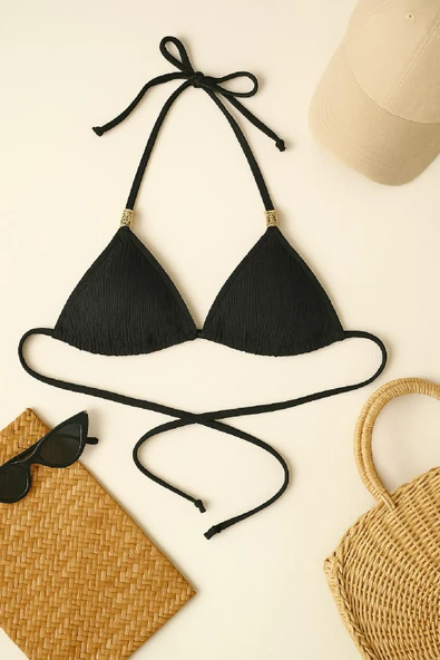 Kadın Siyah Pedli Üçgen Bikini Üstü Halter Bağlamalı Aksesuarlı ürün görseli 1