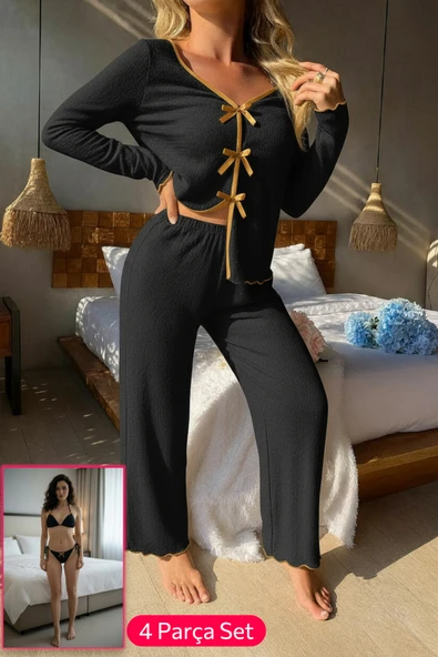 Kadın Siyah Fiyonklu İç Çamaşırı ve Uzun Kollu V Yaka Pijama Takımı 4'lü Set ürün görseli 1