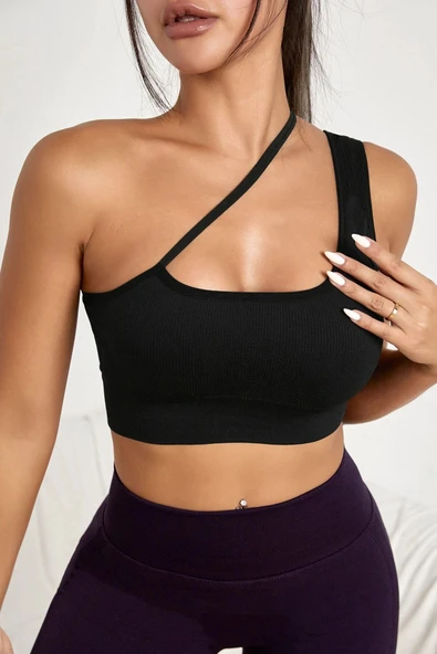 Kadın Siyah Tek Omuzlu Çapraz Askılı Crop Top Büstiyer ürün görseli 1