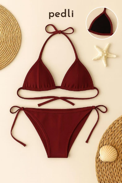 Kadın Bordo Yandan ve Boyundan Bağlamalı Bikini Mayo Takımı ürün görseli 1