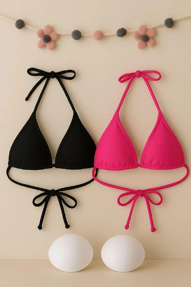 Kadın Siyah ve Fuşya Minimal Kesim Üçgen Bikini Üstü ürün görseli 1