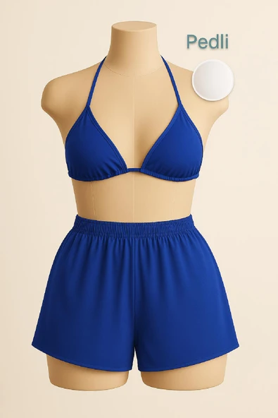 Kadın Mavi Şortlu Belden ve Boyundan Bağlamalı Bikini Takımı ürün görseli 1