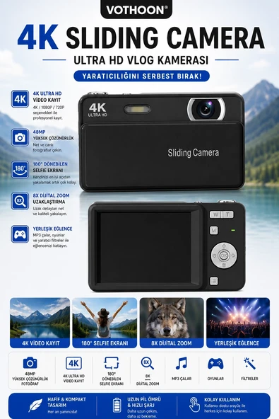 Dijital Kamera 4K Hd 48Mp 16X Zoom Flaşlı Kayar Video Kamera 2.8’’ Ekran 64Gb Sd Kart Hediyeli Siyah ürün görseli 1