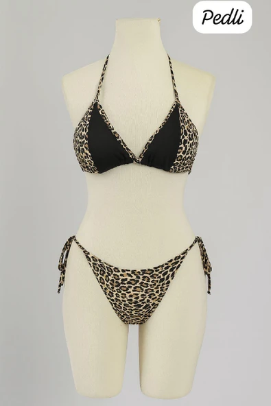 Kadın Siyah ve Leopar Detaylı Yandan Bağlamalı Bikini Takımı ürün görseli 1