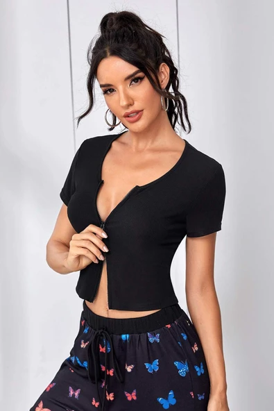 Kadın Siyah Çift Fermuarlı Yarım Kol Crop Top Bluz ürün görseli 1