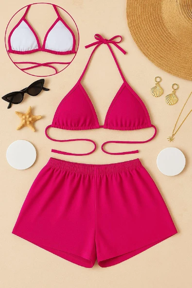 Kadın Fuşya Şortlu Belden ve Boyundan Bağlamalı Bikini Takımı ürün görseli 1