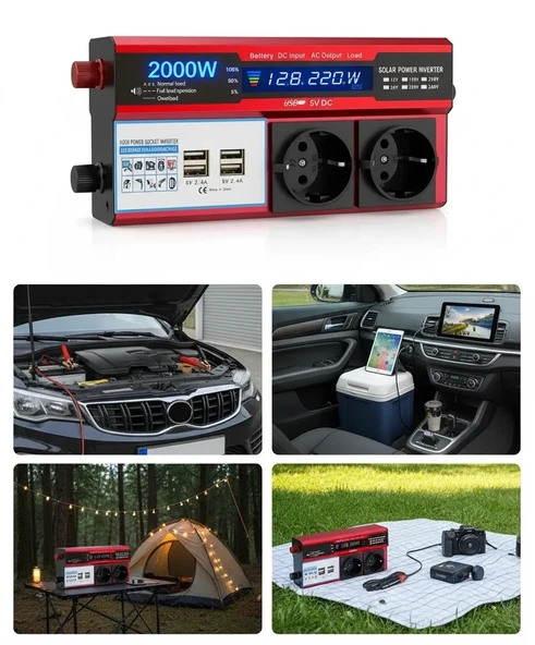 12V 2000W Modifiye Sinüs İnverter Araç Güneş Enerjisi Uyumlu, Çift Usb, Çift Priz Çakmaklık ürün görseli 1