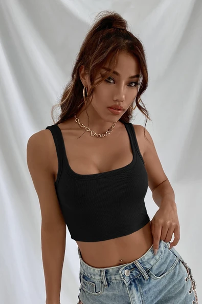 Kadın Siyah Kalın Askılı Crop Top Büstiyer ürün görseli 1