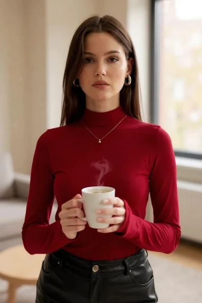 Kadın Bordo Parmak Detaylı Esnek Uzun Kollu Body ürün görseli 1