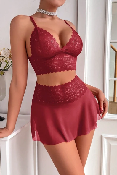 Kadın Bordo Dantel ve Tül Detaylı Etekli Şık Gecelik Takımı ürün görseli 1