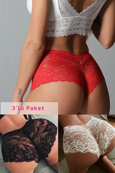 Kadın Siyah Beyaz Kırmızı 3'lü Paket Dantel Tanga Şort Külot ürün görseli 1