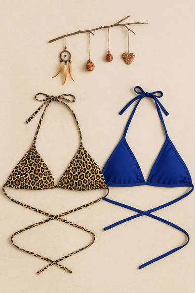 Kadın Leopar Desenli ve Mavi Minimal Kesim Üçgen Bikini Üstü ürün görseli 1