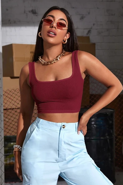 Kadın Bordo Kalın Askılı Crop Top Büstiyer ürün görseli 1