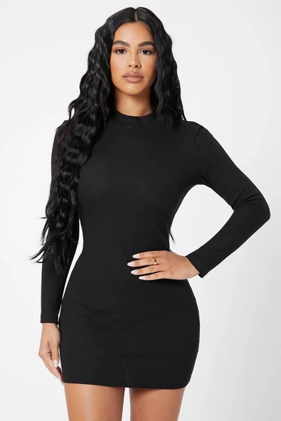 Kadın Siyah Kaşkorse Balıkçı Yaka Uzun Kollu Bodycon Mini Elbise ürün görseli 1