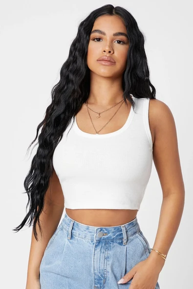 Kadın Beyaz Kare Yaka Crop Top Bluz ürün görseli 1