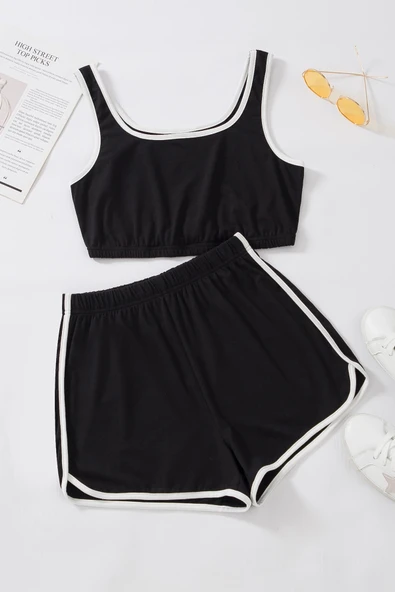 Kadın Siyah Askılı Crop Top ve Şortlu Gecelik Takım ürün görseli 1