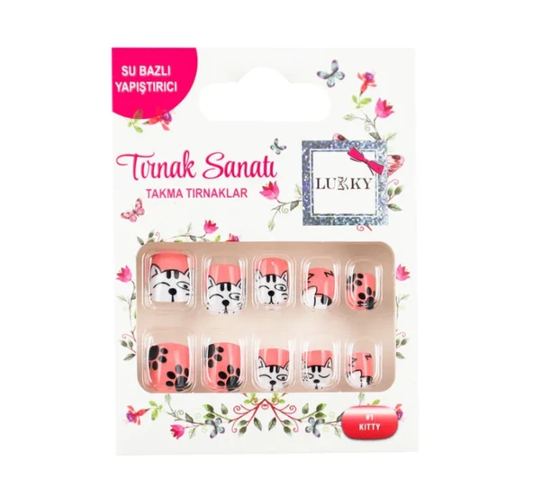 Lukky Kedi Baskılı Yapışkanlı Takma Tırnak Seti ürün görseli 1