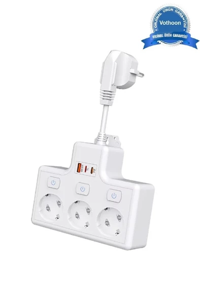 Termal Akım Korumalı 3’lü Duvar Tipi Priz 1x Usb 2x Type-c Çıkışlı Grup Priz Çoğaltıcı (3500w) ürün görseli 1