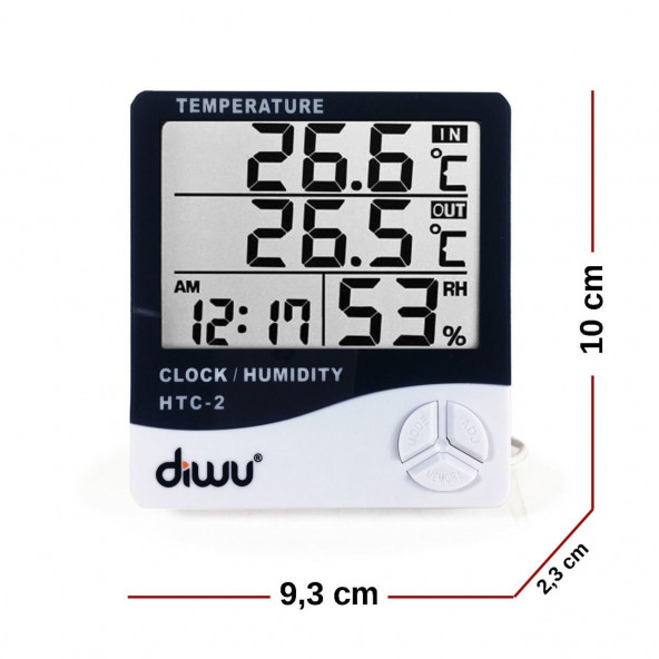Diwu HTC-2 Problu Termometre Nem Ölçer Saat Takvim - Resim 8