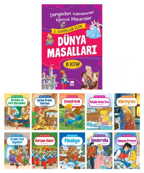 Dünya Masallar Seti 1.ve 2. Sınıflar İçin Eğik El Yazılı - (10 Kitap Takım Büyük Boy) ürün görseli 1