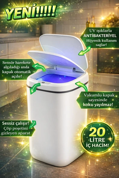 20L Akıllı Sensörlü Çöp Kovası UV Işık Koku Geçirmez Mutfak Banyo Wc Ofis ürün görseli 1
