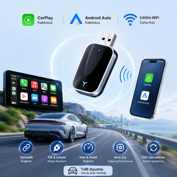 TriLine Kablosuz CarPlay Android Auto Mini 2in1 USB Wireless Carplay Dönüştürücü Type-C OTG Destekli ürün görseli 1