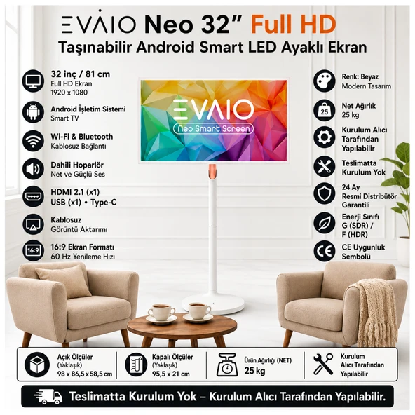 EVAİO Neo 32 Inç 80 Ekran HDD Full HD Taşınabilir Android Smart LED Ayaklı Ekran ürün görseli 1