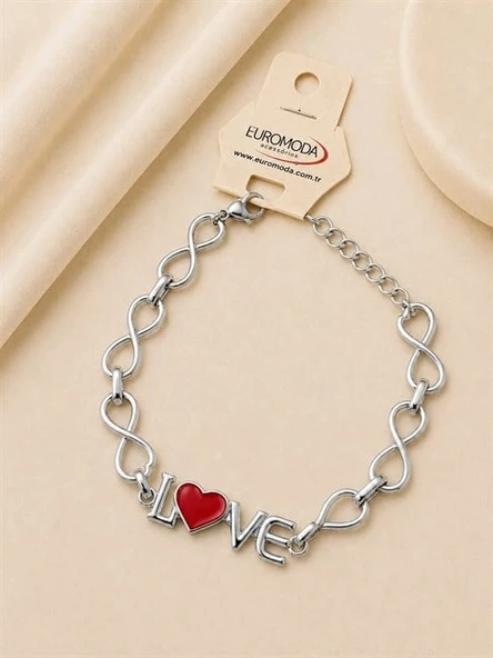 Love Yazılı Kırmızı Mineli Kalp Detaylı Zincir Bileklik ürün görseli 1