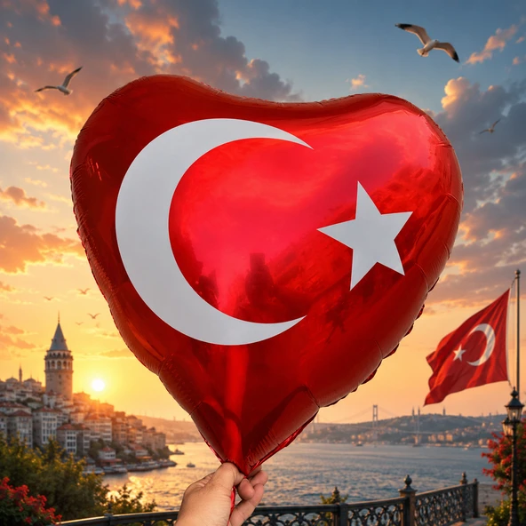 VIP KALİTE 14 ADET KALPLİ TÜRK BAYRAKLI BALON 70 CM KIRMIZI TÜRK BAYRAKLI FOLYO BALON METALİK BALON ürün görseli 1