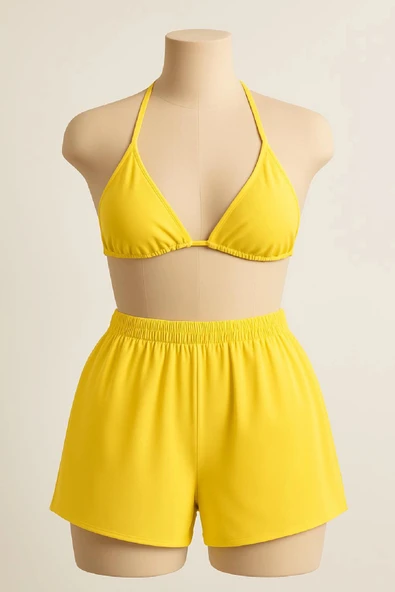 Kadın Sarı Şortlu Belden ve Boyundan Bağlamalı Bikini Takımı ürün görseli 1