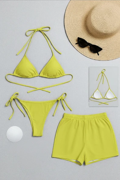 Kadın 3'lü Set Leopar Desenli Şortlu ve Yandan Bağlamalı Bikini Mayo Takımı ürün görseli 1