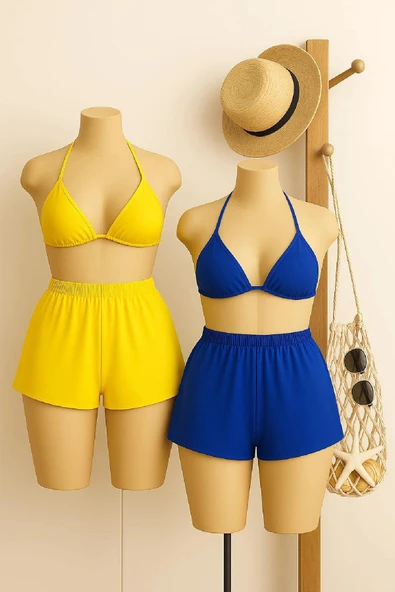 Kadın Sarı ve Mavi Şortlu Belden ve Boyundan Bağlamalı Bikini Takımı ürün görseli 1