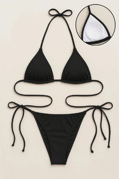 Kadın Siyah Yandan ve Boyundan Bağlamalı Bikini Mayo Takımı ürün görseli 1