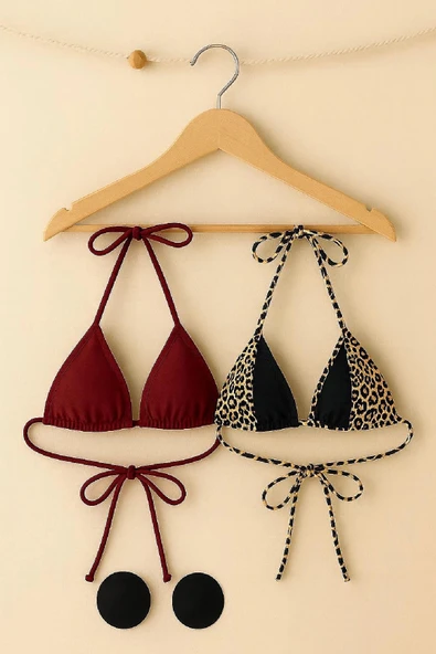 Kadın Leopar Desenli ve Bordo Minimal Kesim Üçgen Bikini Üstü ürün görseli 1