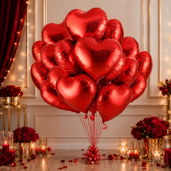 VIP KALİTE 46 CM ŞİŞER 16 ADET PARLAK METALİK KIRMIZI KALPLİ FOLYO BALON KIRMIZI KALPLİ BALON 46 CM ürün görseli 1