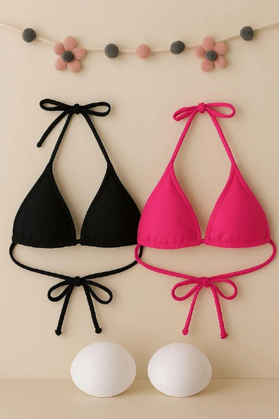 Kadın Siyah ve Fuşya Minimal Kesim Üçgen Bikini Üstü ürün görseli 1
