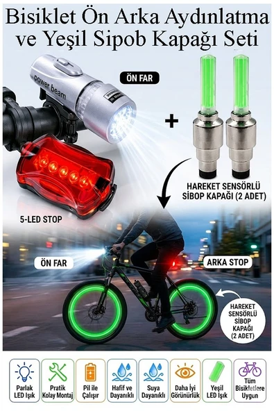 Led Işıklı Bisiklet Ön Far Arka Stop Aydınlatma Işığı ve Yeşil Sipob Kapağı Haraketli Fotosel Sensörlü ürün görseli 1